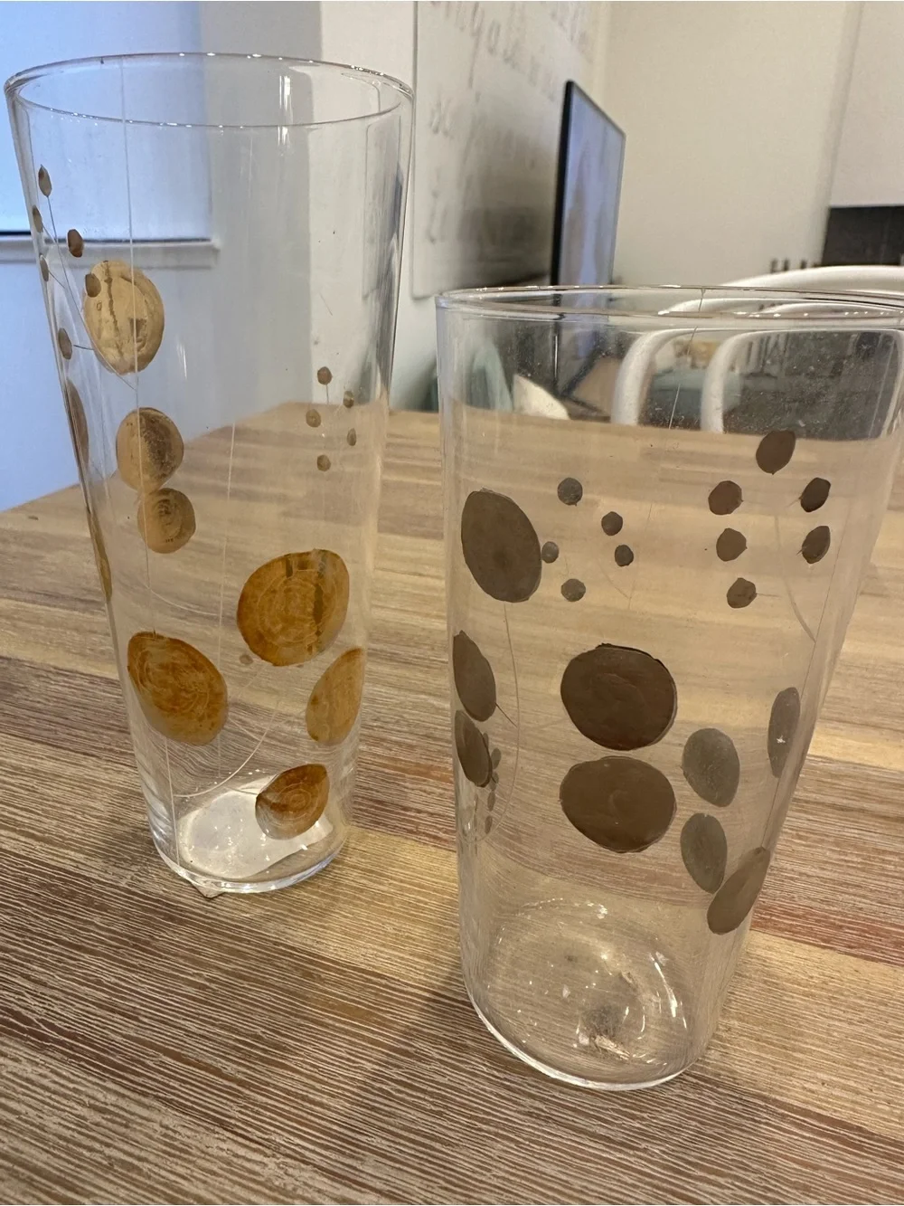 Set of 2 Modernist Hand-Painted Clear Glass Vases / Candle Holders